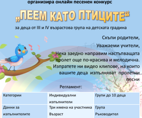 Награждават участниците в националния конкурс за детска песен „Пеем като птиците“
